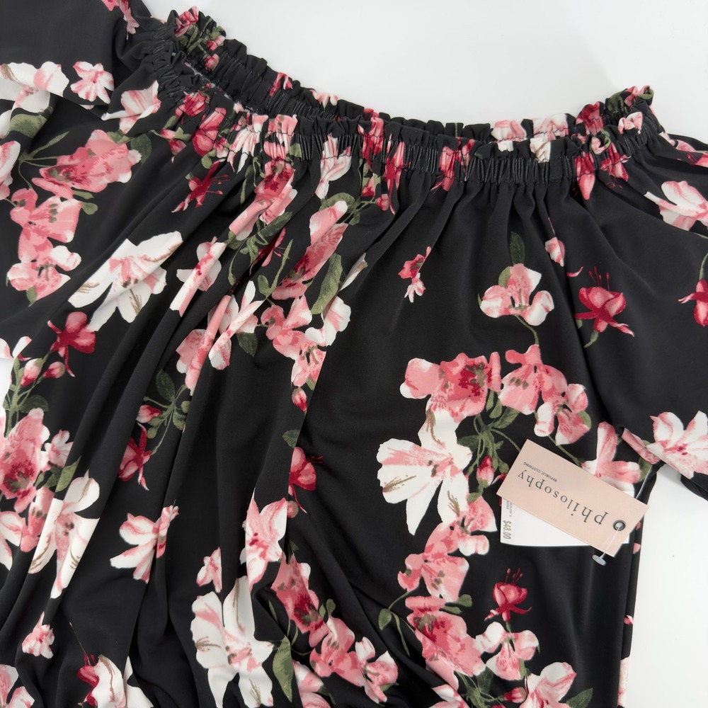 NEW Philosophy Republic Clothing Floral Off Shoulder Smocked Blouse Black Pink S